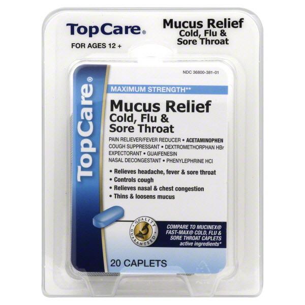 TopCare Mucus Relief Cold, Flu & Sore Throat Maximum Strength Caplets