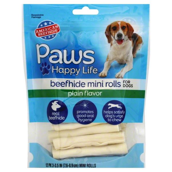 Paws Premium Beefhide Mini Rolls For Dogs Plain Flavor 3 Inch 12Pk Hy