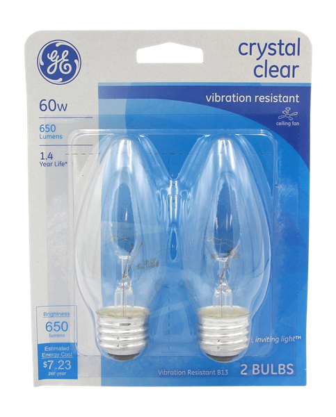 Ge 60w Crystal Clear Vibration Resistant Ceiling Fan Light Bulbs