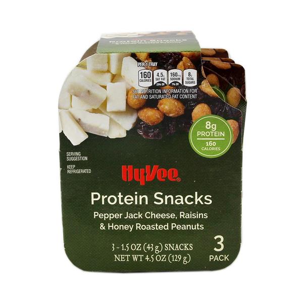 HyVee Protein Snacks Pepper Jack Cheese, Raisins & Honey Roasted Peanuts 3 1.5 oz Snacks Hy